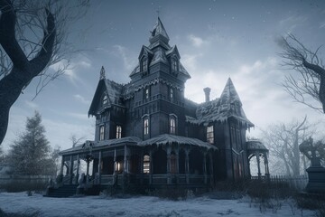 Wall Mural - Gothic vintage house. Winter old night. Generate Ai