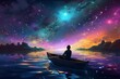 Man in boat near space. Fantasy art. Generate Ai