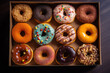 Glazed donuts in a box, top down view