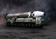 Ballistic missile launcher mobile system with a warhead. Heavy military vehicle illustration. A weapon of mass destruction, military intervention, war crisis, danger of a nuclear attack, rocket 3D