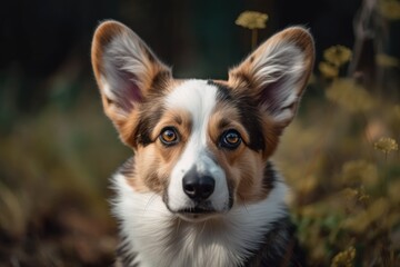 Poster - Closeup of a Welsh corgi cardigan picture. a cheerful corgi cardigan puppy. Dog standing in a park in the summer or the fall. Generative AI