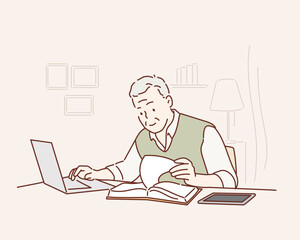 Wall Mural - middle-aged man working from home-office on laptop. hand drawn style vector design illustrations.