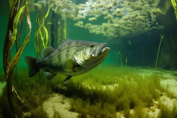 Wall Mural - largemouth bass underwater near snags generated by ai