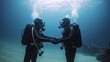 two Scuba divers training. Two scuba divers in silhouette swimming to the surface in the rays background. Non-existent person. Generative Ai.