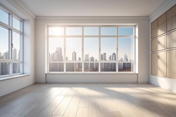 Wall Mural - Interior of empty, white room with light colored floor, white walls, and a sizable window. Cityscape. Sunshine, a mockup. Generative AI