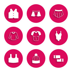 Sticker - Set T-shirt, Winter hat, scarf, Swimsuit, Undershirt, Sweater, Skirt and Waistcoat icon. Vector