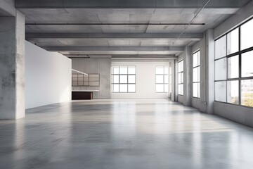 Canvas Print - Vacant loft room with white wall and concrete floor. Generative AI