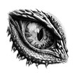 Pencil sketch of monstrous reptilian or dragon eye with intricate details and textures. Black and white sketch exudes an air of mystique and can be used for fantasy or horror-themed content or print