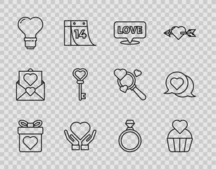 Poster - Set line Gift box with heart, Wedding cake, Speech bubble text love, Heart on hand, shape light bulb, Key, Diamond engagement ring and speech icon. Vector