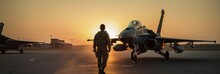 Military Airforce Fighter Jet Pilot Near Walking Towards Sunset. Top Gun Concept. Generative AI