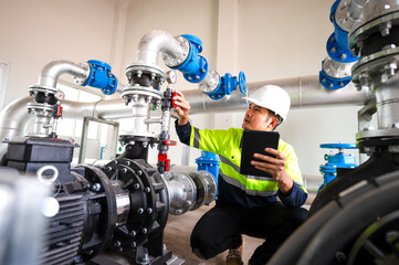 Asia oil and gas production control engineer or supervisor with digital pad monitoring natural gas supply and distribution in refinery Installation view of natural gas refinery pipes