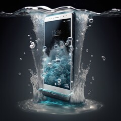 smartphone or mobile that falls in the water with splashes around and black background, concept closeup smartphone of waterproof. Mobile breathing underwater