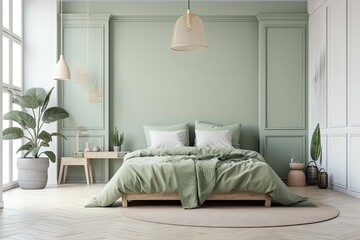 Wall Mural - Pastel green bedroom with bed and light. Light background with copyspace. website, presentation, or photo backdrop. Generative AI