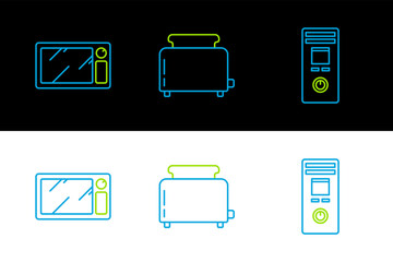 Sticker - Set line Remote control, Microwave oven and Toaster with toasts icon. Vector