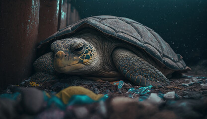 A turtle sleeps among the piles of plastic waste, concept of saving the world. Generative AI.