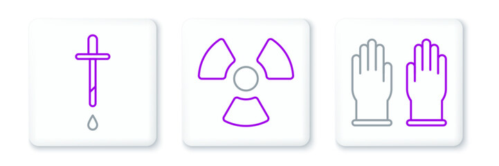 Sticker - Set line Rubber gloves, Pipette and Radioactive icon. Vector