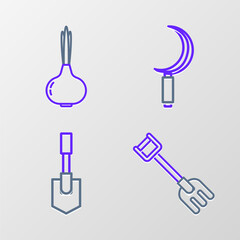 Sticker - Set line Garden rake, Shovel, Sickle and Onion icon. Vector