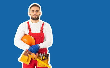 Man for any job. professional repairman. building skills and construction. man build house. skilled architect repair and fix. worker on a blue background. man builder in work clothes.