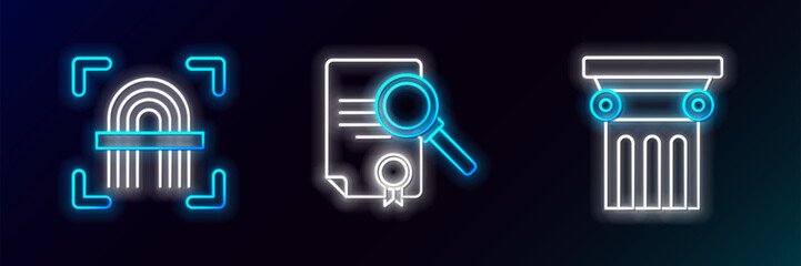 Poster - Set line Law pillar, Fingerprint and Document with search icon. Glowing neon. Vector