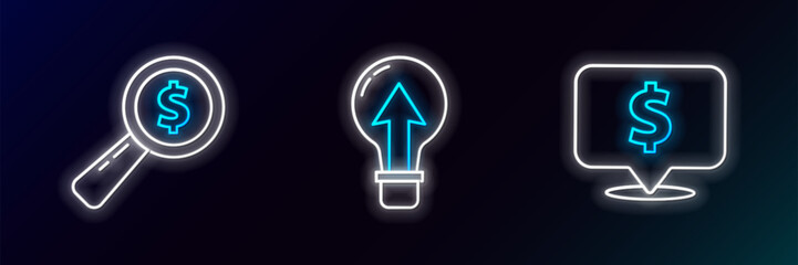 Poster - Set line Speech bubble with dollar, Magnifying glass and and Light bulb icon. Glowing neon. Vector