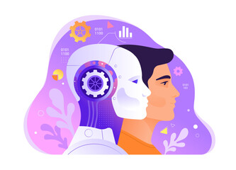 Artificial Intelligence concept. Vector cartoon illustration in a flat style of a robot and human head in profile generates various tasks.  Isolated on abstract background