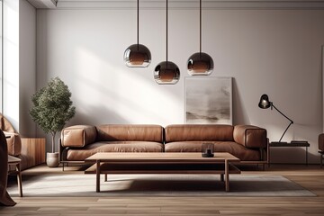 Poster - Interior of a brown leather sofa and coffee table in a wooden floored, beige minimalist living room with three fashionable ceiling lamps. a mockup. Generative AI