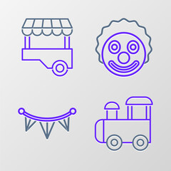 Wall Mural - Set line Toy train, Carnival garland with flags, Clown head and Fast street food cart icon. Vector