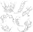 Set of splashes of water or paint. Splashes of fluid. Vector illustration in hand drawn sketch doodle style. Line art liquid with drops isolated on white. Splash water motion. Abstract shapes