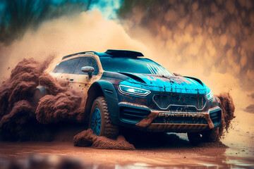 Wall Mural - Off road vehicle coming out of a mud hole hazard, mud and water splash in off-road racing. Generative AI