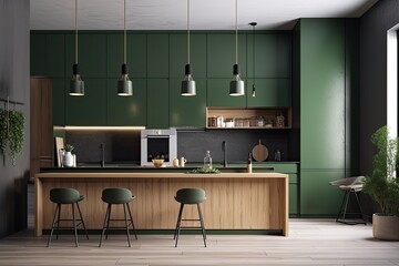 Green kitchen, simple interior. Generative AI