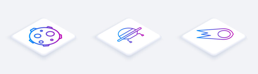 Poster - Set Isometric line UFO abducts cow, UFO flying spaceship and Comet falling down fast. White square button. Vector