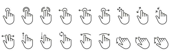 Poster - Hand Finger Touch, Swipe and Drag Outline Icon Set. Pinch Screen, Rotate Up Down on Screen Line Sign. Gesture Slide Left and Right Linear Pictogram. Editable Stroke. Isolated Vector Illustration