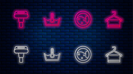 Poster - Set line Temperature wash, Washer, Garment steamer and Towel on hanger. Glowing neon icon on brick wall. Vector