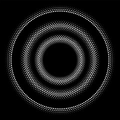 Poster - Abstract halftone dotted circles advertising background. Ripple optical illusion effect. White creative halftone circle polka dots vector.
