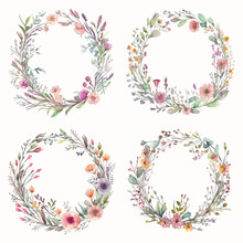Frame Made Of Watercolor Thin Stems Of Flowers With Colorful Flowers, White Background, Watercolor Style, Vector