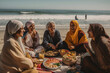 A group of young happy muslim girls having fun on the beach, generative ai