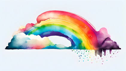 drawn rainbow in a watercolor style, a rainbow with clouds on a white background in the style of a watercolor painting, children's drawing of rainbow, a rainbow drawing with translucent, generative ai