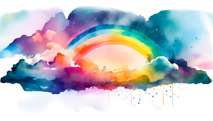 drawn rainbow in a watercolor style, a rainbow with clouds on a white background in the style of a watercolor painting, children's drawing of rainbow, a rainbow drawing with translucent, generative ai