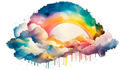 drawn rainbow in a watercolor style, a rainbow with clouds on a white background in the style of a watercolor painting, children's drawing of rainbow, a rainbow drawing with translucent, generative ai