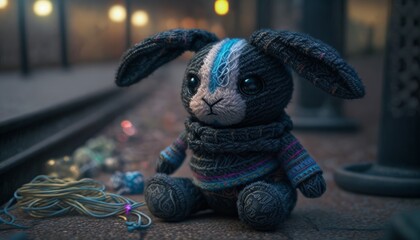 Wall Mural - Exclusive and collectible cyberpunk bunny toy in the night city. Made from yarn and lurex. Decorative gift for children. Character for children's books and stories. Created with AI.