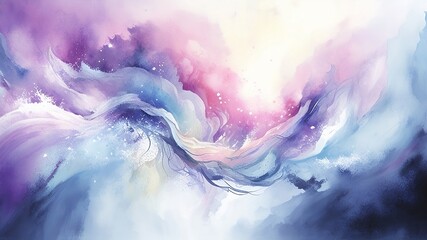Wall Mural - A watercolor painting against a blue, white, pink, and purple background, featuring a blurry, wavy marbled texture. Generated AI