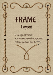 Wall Mural - Vintage frame with set of design elements. Rope pattern brush, beige jute textile texture behind. Vintage style. Modifiable template for menu, poster, invitation etc