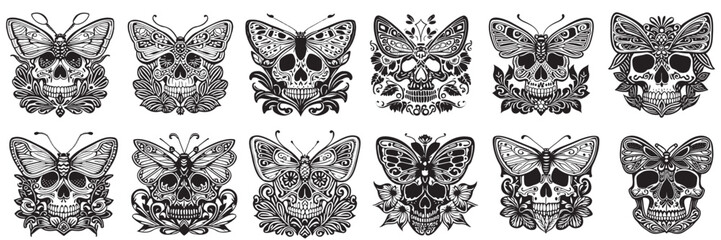 Skull and butterfly combination set. for tattoo , t-shirt, t-shirt design, etc