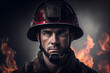 © ADDICTIVE STOCK - Generative AI illustration of portrait of young confident firefighter in protective helmet standing against fire flames