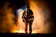 © ADDICTIVE STOCK - Generative AI image of back view of male firefighter in protective uniform and with backpack standing against burning fire with smoke
