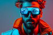 © ADDICTIVE STOCK - Generative AI illustration of male virtual player with virtual reality headset exploring futuristic cyberspace against blue background