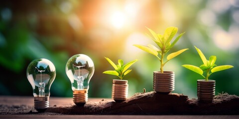 Sticker - Green energy investment concept depicted through a light bulb containing a growing tree and plants on top of money