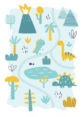 Wall Mural - jurassic landscape cute map for kids. cartoon dino map print for boys carpet. dinosaur valley map fo