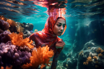 Wall Mural - Muslim women relax swimming, generative ai