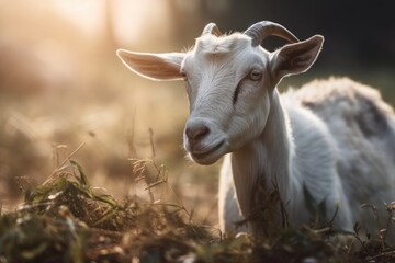 Sticker - The little goat was contentedly munching on grass in the morning. Generative AI